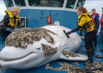 The animal rescue team was there to help a beluga whale remove parasitic barnacles from its body